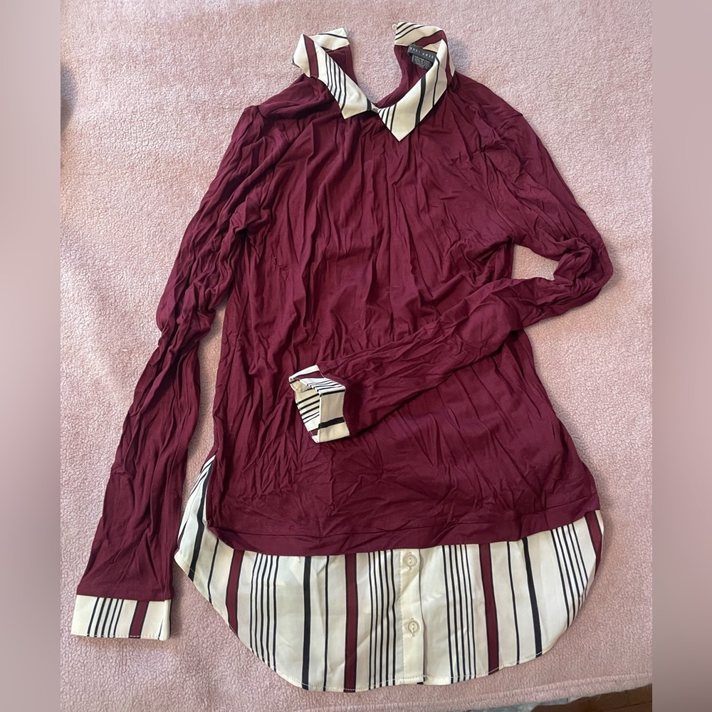 Faux double layered collared shirt. Maroon and black and cream